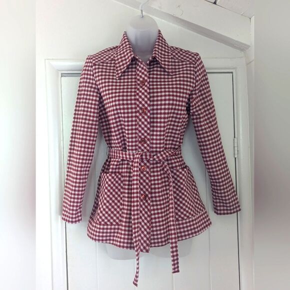 VTG Houndstooth Checkered Button Up Top Shacket Retro 60s 70s Maximalist - Picture 1 of 8